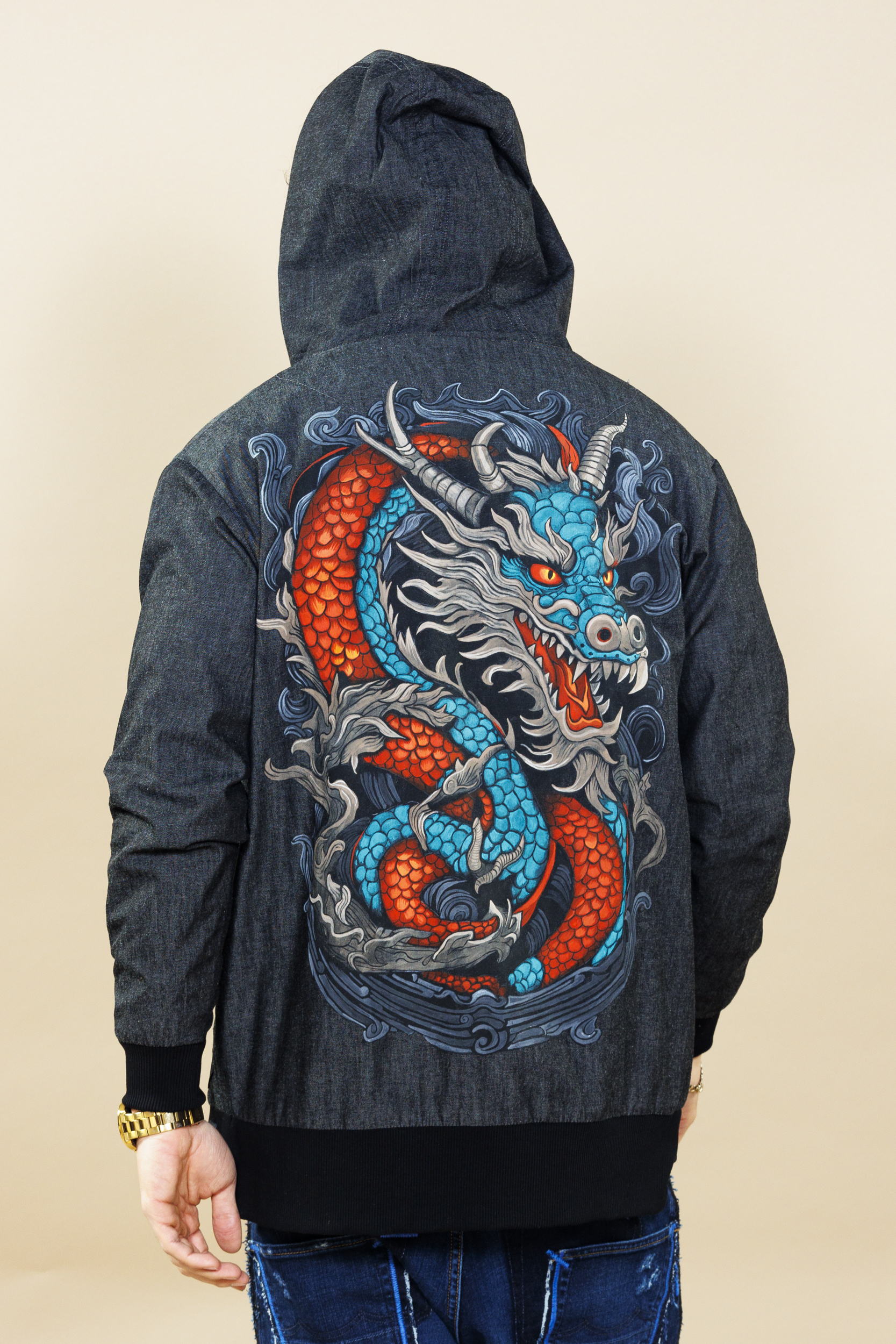 Mystical Blue Dragon Denim Parka Jacket