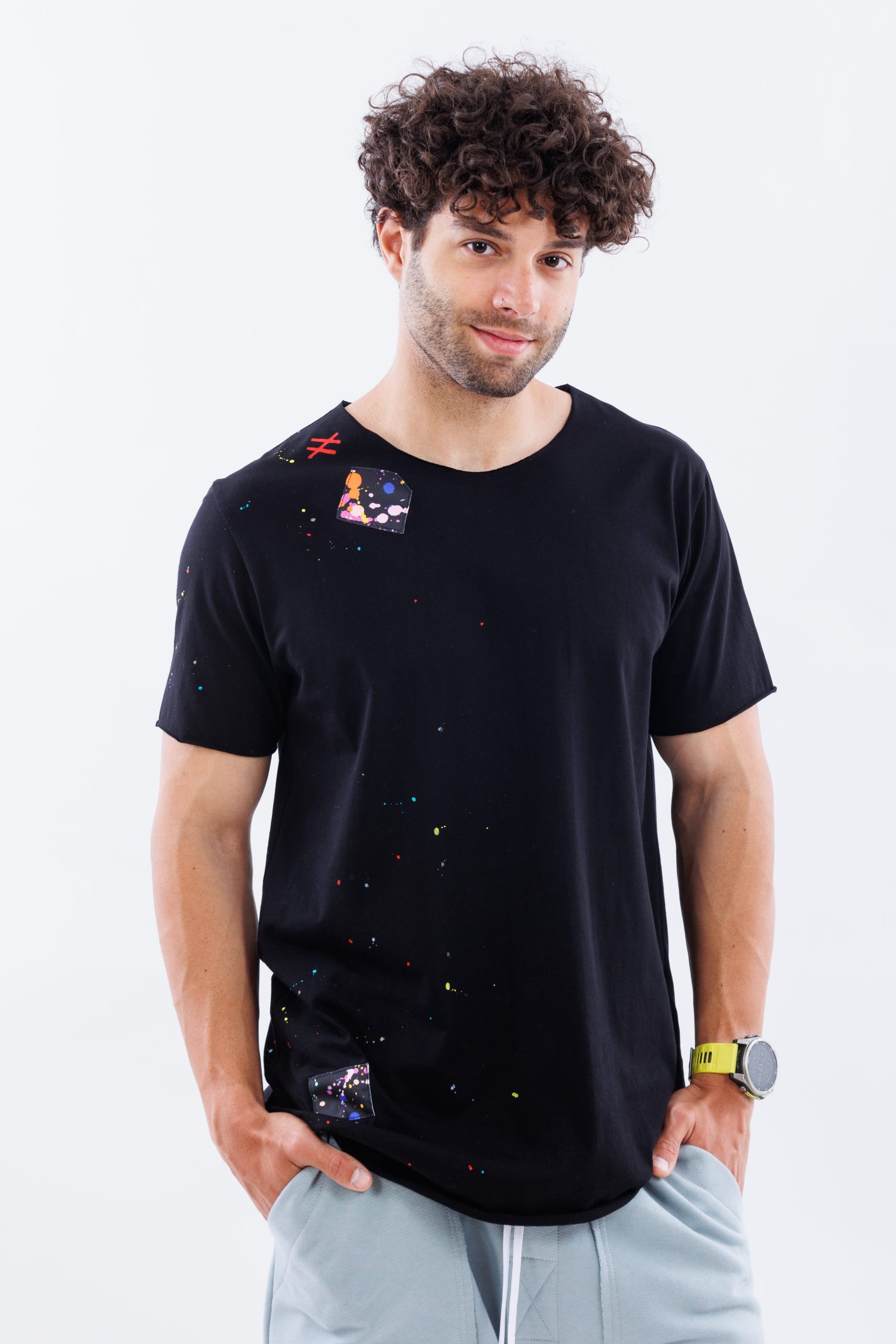 Tricou negru din bumbac Drop & Stitch